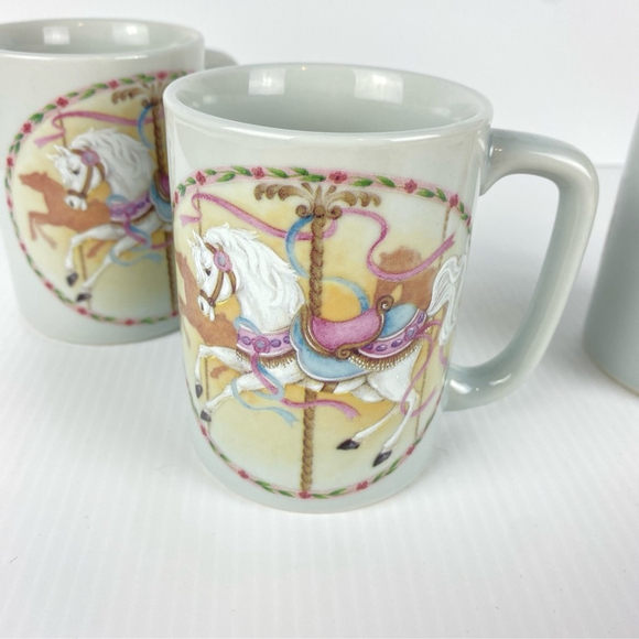 Otagiri Japan Carousel Mugs 8 Ounce Cups Gray Green White Horse Both Sides 3 LOT - Picture 2 of 8